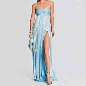 NWT.$595 Retrofete Zoa Metallic Blue Silver Lame Strapless Pleated Dress